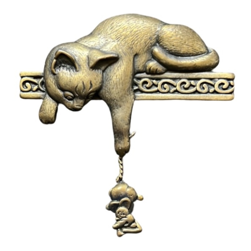 Vintage Whimical J.J. Bronze Cat with Moveable Dangle Mouse Brooch